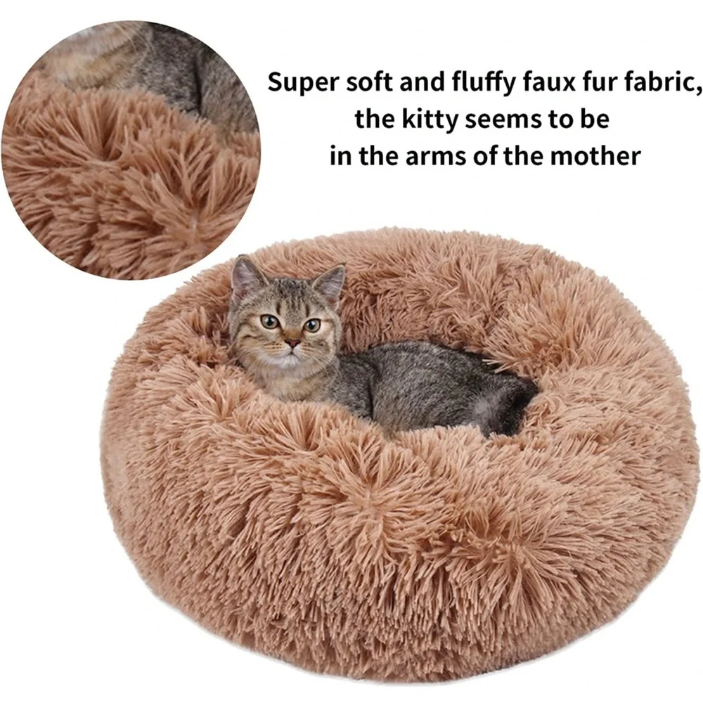 Calming Anxiety Round Donut Pet Bed Washable Anti-Slip Faux Fur Cuddler Brown L